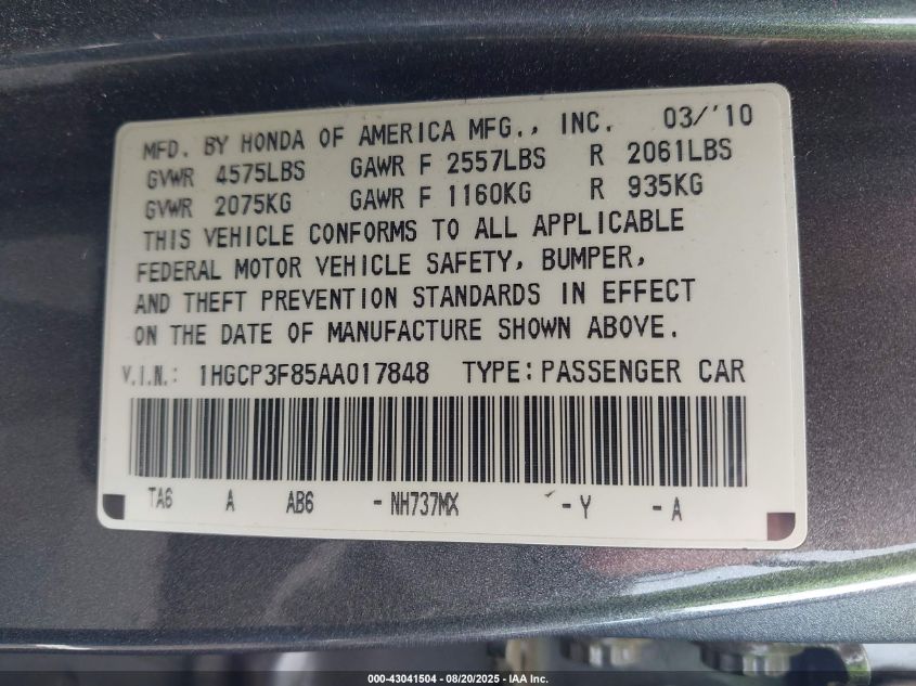 2010 Honda Accord 3.5 Ex-L VIN: 1HGCP3F85AA017848 Lot: 43041504