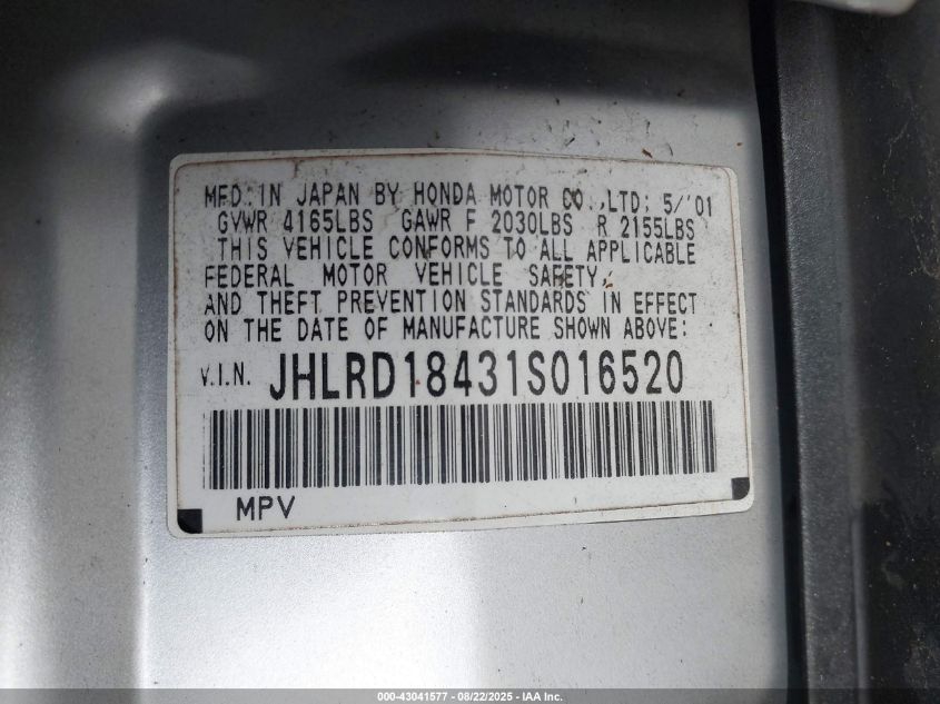 2001 Honda Cr-V Lx VIN: JHLRD18431S016520 Lot: 43041577