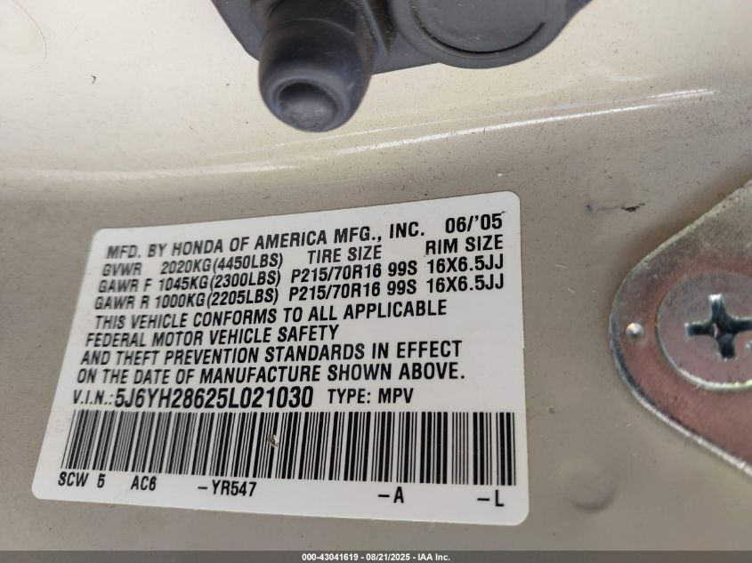 2005 Honda Element Ex VIN: 5J6YH28625L021030 Lot: 43041619