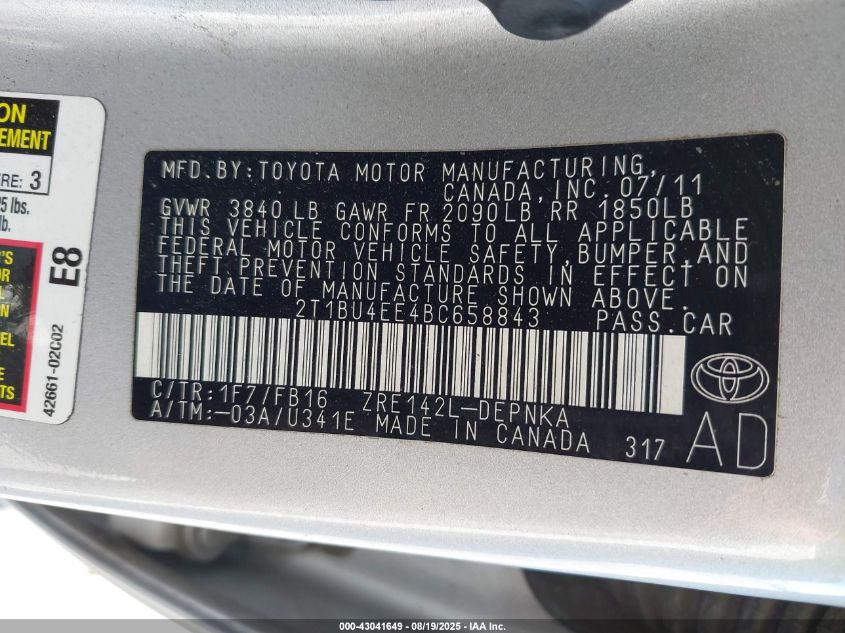 2011 Toyota Corolla Le VIN: 2T1BU4EE4BC658843 Lot: 43041649