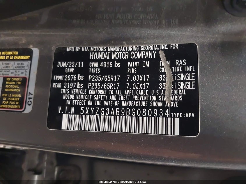 2011 Hyundai Santa Fe Gls VIN: 5XYZG3AB9BG080934 Lot: 43041789