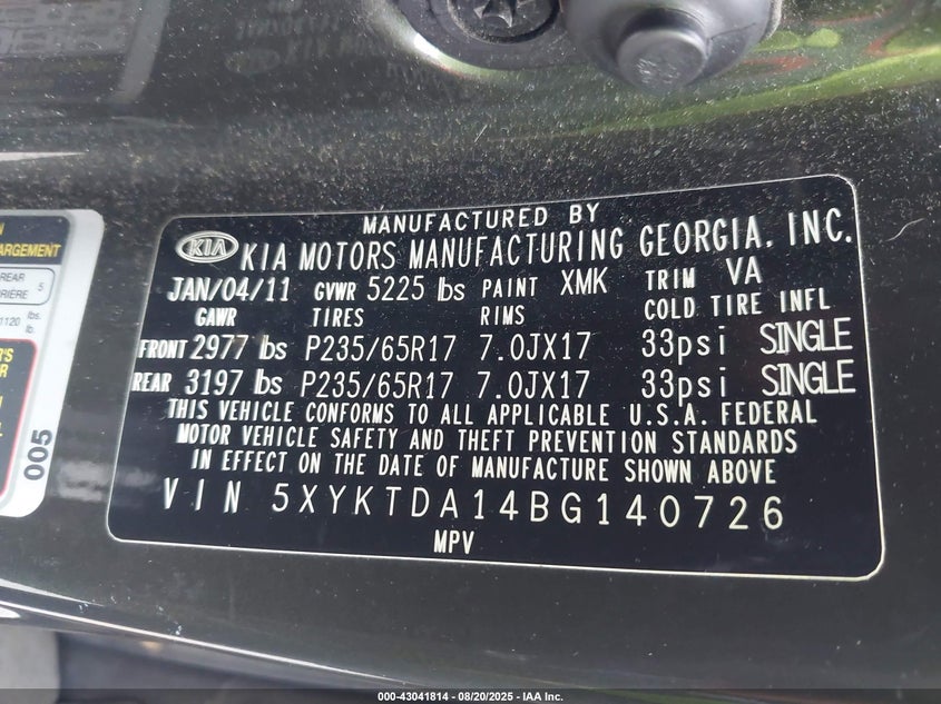 2011 Kia Sorento Lx VIN: 5XYKTDA14BG140726 Lot: 43041814