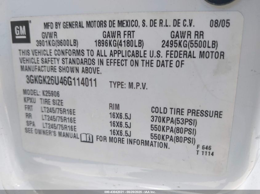 2006 GMC Yukon Xl 2500 Slt VIN: 3GKGK26U46G114011 Lot: 43042021