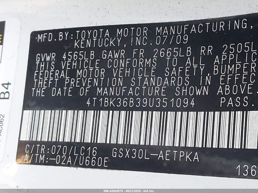 2009 Toyota Avalon Xl/Xls/Limited VIN: 4T1BK36B39U351094 Lot: 43042075