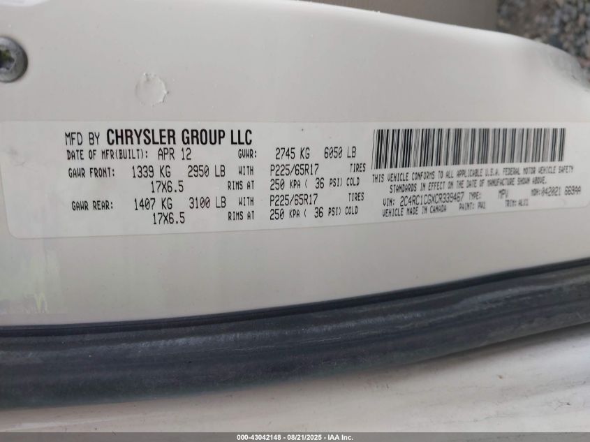 2012 Chrysler Town & Country Touring-L VIN: 2C4RC1CGXCR339467 Lot: 43042148