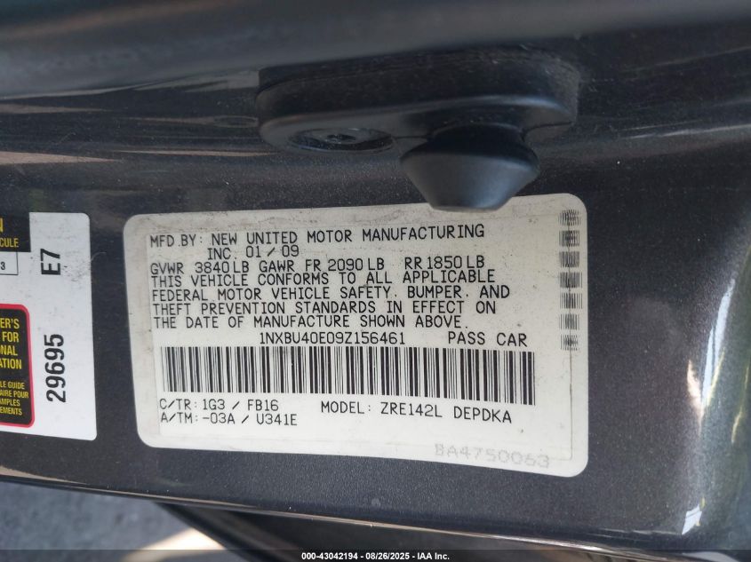 2009 Toyota Corolla Le VIN: 1NXBU40E09Z156461 Lot: 43042194