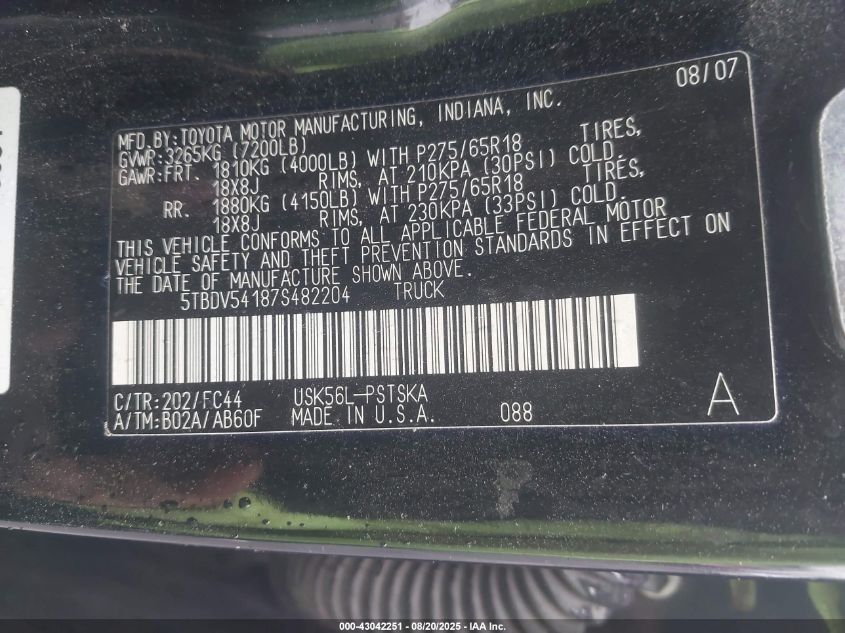 2007 Toyota Tundra Sr5 5.7L V8 VIN: 5TBDV54187S482204 Lot: 43042251