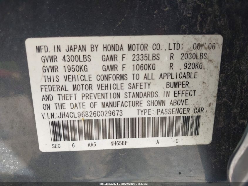 2006 Acura Tsx VIN: JH4CL96826C029673 Lot: 43042371