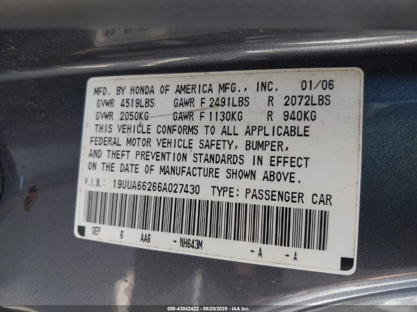 2006 Acura Tl VIN: 19UUA66266A027430 Lot: 43042422