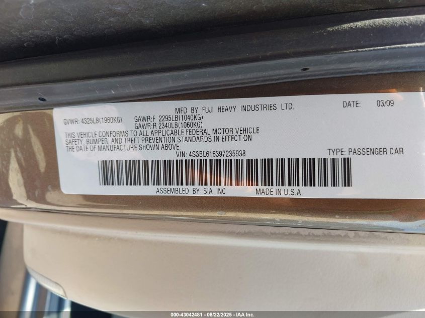 2009 Subaru Legacy 2.5I VIN: 4S3BL616397235938 Lot: 43042481