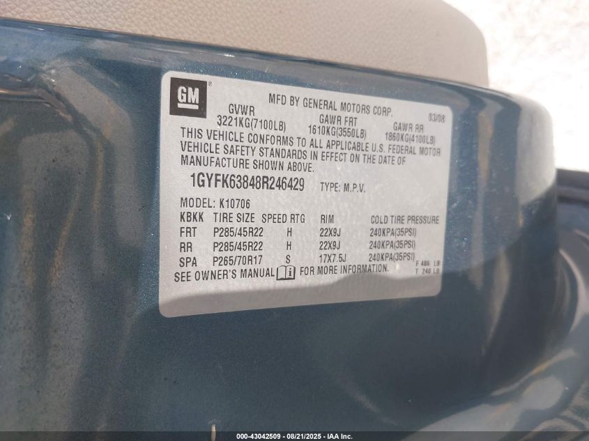 2008 Cadillac Escalade Standard VIN: 1GYFK63848R246429 Lot: 43042509