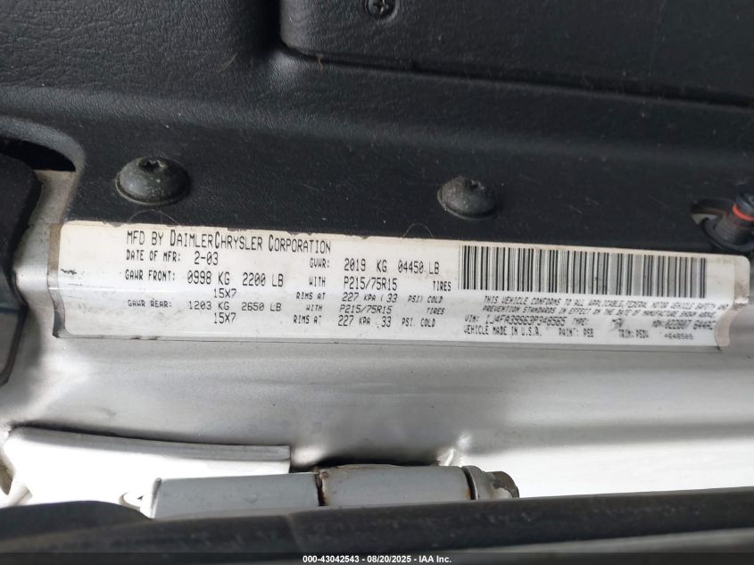 2003 Jeep Wrangler X VIN: 1J4FA39S63P348565 Lot: 43042543