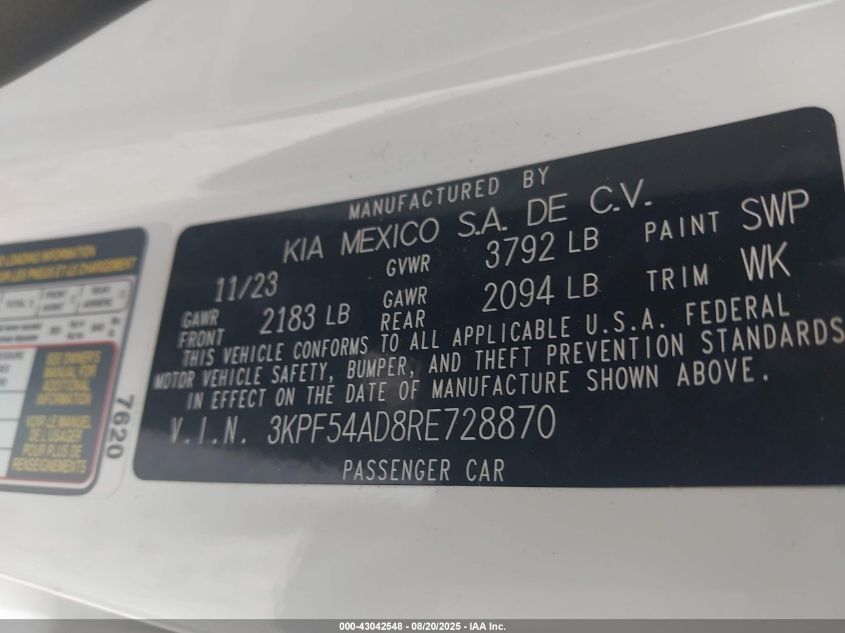 2024 Kia Forte Gt-Line VIN: 3KPF54AD8RE728870 Lot: 43042548