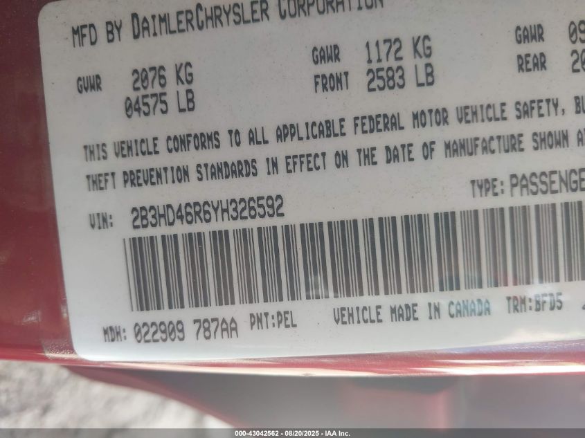 2000 Dodge Intrepid VIN: 2B3HD46R6YH326592 Lot: 43042562