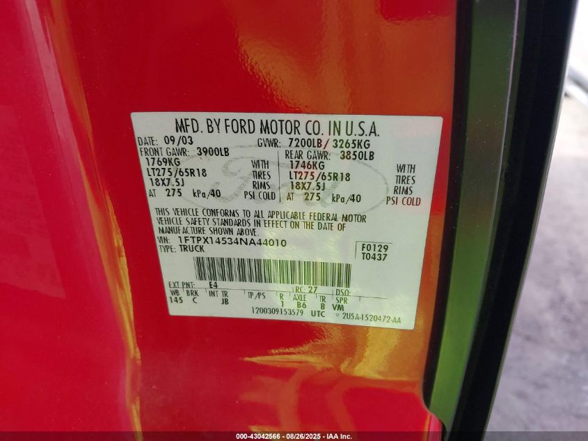 2004 Ford F-150 Fx4/Lariat/Xl/Xlt VIN: 1FTPX14534NA44010 Lot: 43042566