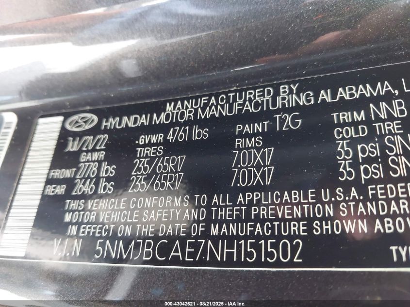 2022 Hyundai Tucson Sel VIN: 5NMJBCAE7NH151502 Lot: 43042621