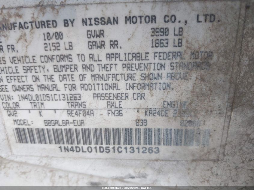 2001 Nissan Altima Gxe VIN: 1N4DL01D51C131263 Lot: 43042628