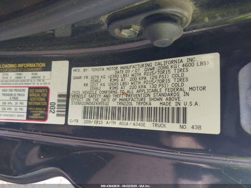 2008 Toyota Tacoma VIN: 5TENX22N58Z495510 Lot: 43042635