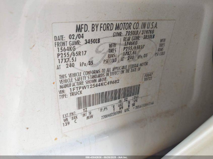 2004 Ford F-150 Lariat/Xlt VIN: 1FTPW12544KC49682 Lot: 43042636