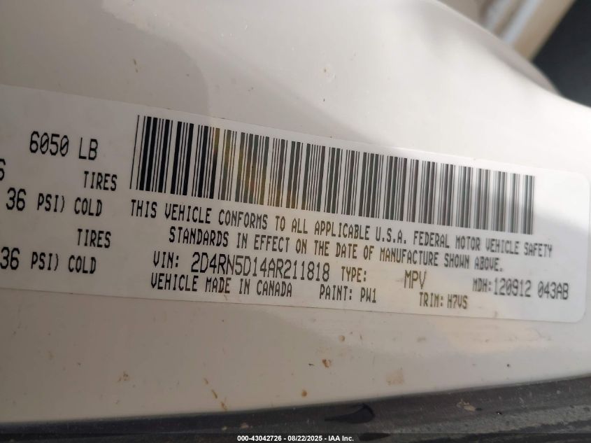 2010 Dodge Grand Caravan Sxt VIN: 2D4RN5D14AR211818 Lot: 43042726