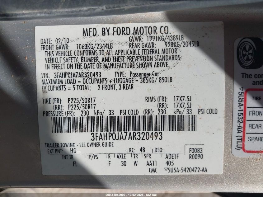 2010 Ford Fusion Sel VIN: 3FAHP0JA7AR320493 Lot: 43042909