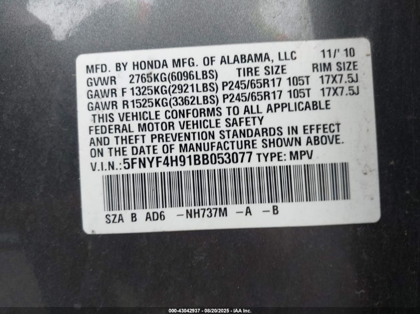 2011 Honda Pilot Touring VIN: 5FNYF4H91BB053077 Lot: 43042937
