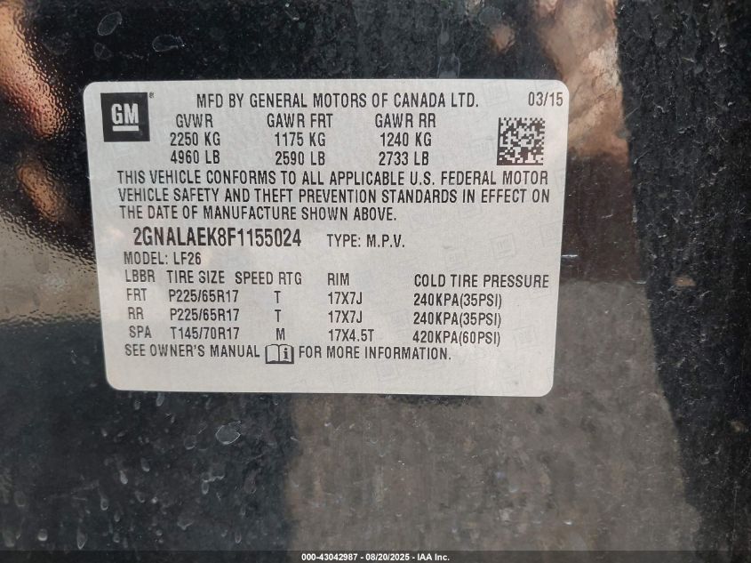 2015 Chevrolet Equinox Ls VIN: 2GNALAEK8F1155024 Lot: 43042987