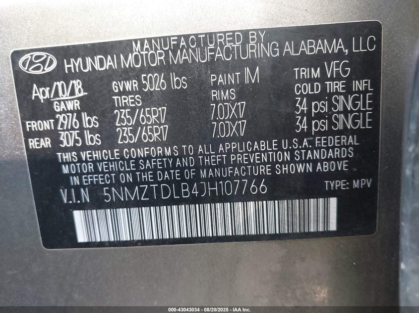 2018 Hyundai Santa Fe Sport 2.4L VIN: 5NMZTDLB4JH107766 Lot: 43043034