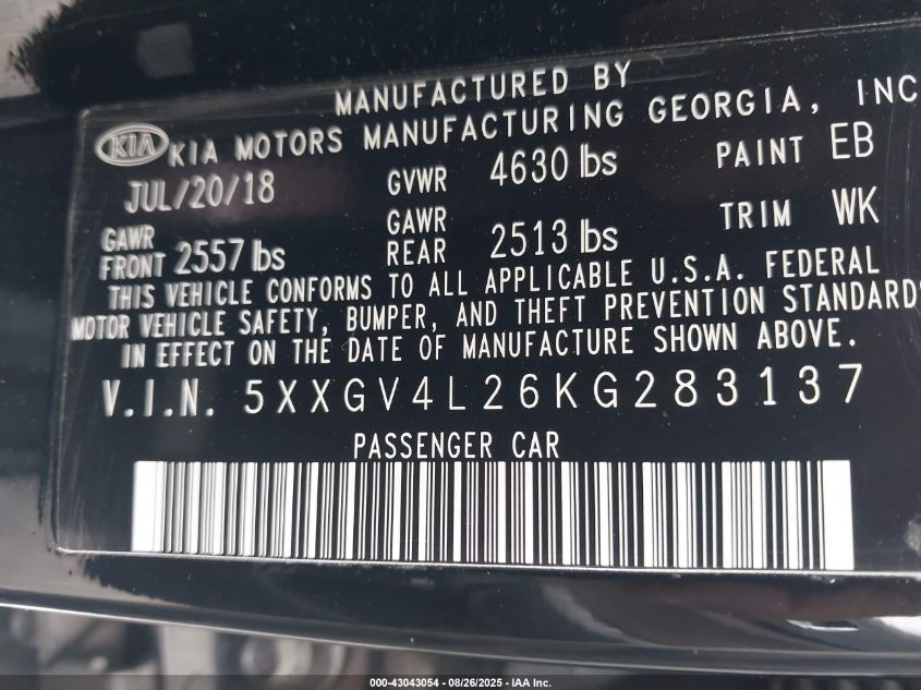 2019 Kia Optima VIN: 5XXGV4L26KG283137 Lot: 43043054