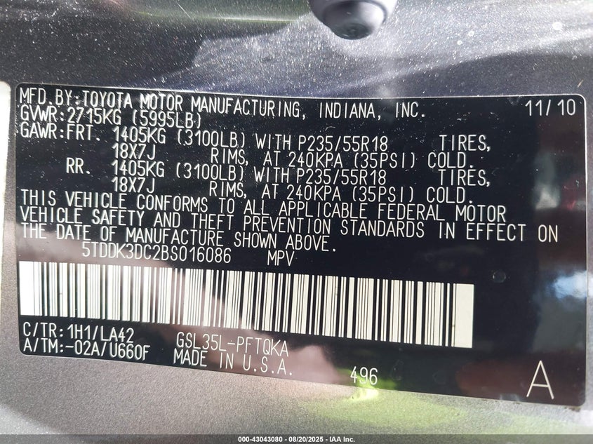 2011 Toyota Sienna Limited VIN: 5TDDK3DC2BS016086 Lot: 43043080