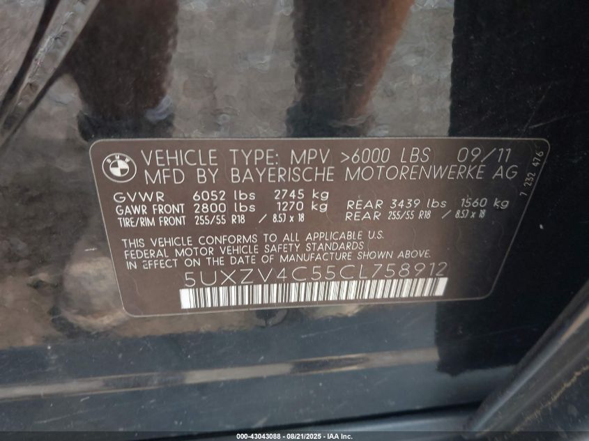 2012 BMW X5 xDrive35I/xDrive35I Premium/xDrive35I Sport Activity VIN: 5UXZV4C55CL758912 Lot: 43043088