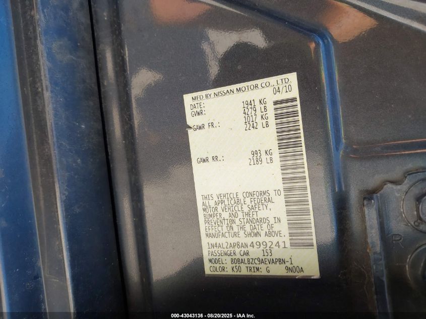 2010 Nissan Altima 2.5 S VIN: 1N4AL2AP8AN499241 Lot: 43043136