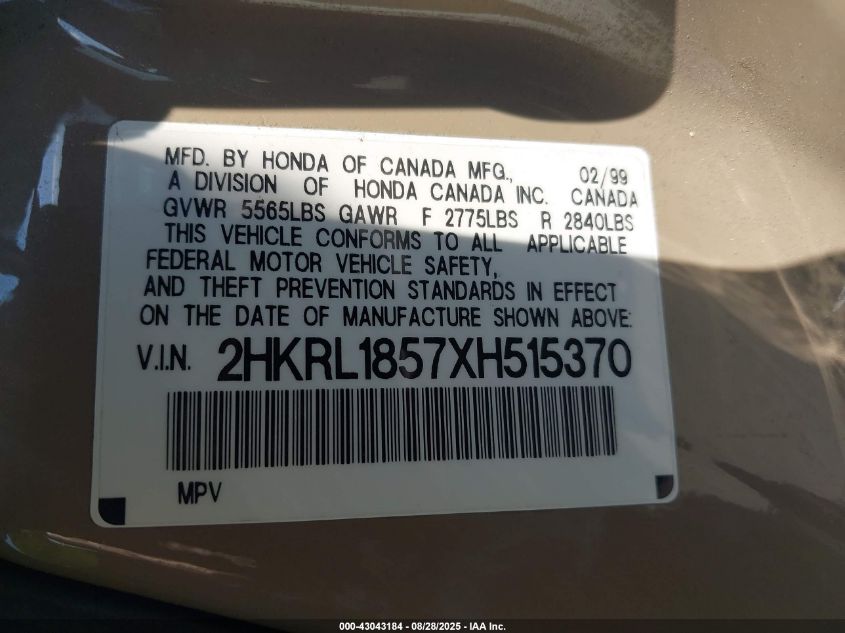 1999 Honda Odyssey Lx VIN: 2HKRL1857XH515370 Lot: 43043184