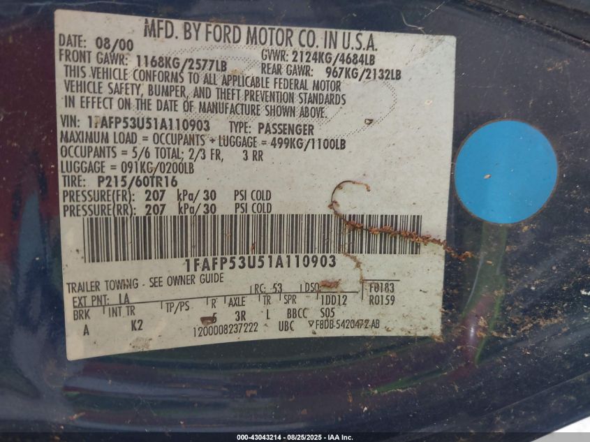 2001 Ford Taurus Se VIN: 1FAFP53U51A110903 Lot: 43043214