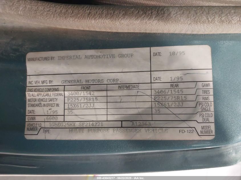 1995 Chevrolet G20 VIN: 1GBEG25HXSF214221 Lot: 43043217