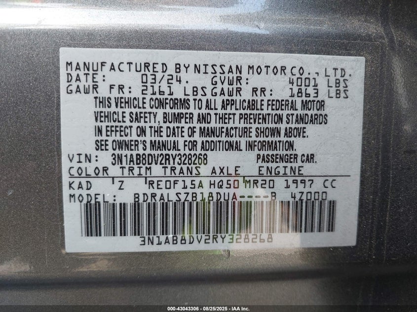 VIN 3N1AB8DV2RY328268 2024 NISSAN SENTRA SR XTRONIC CVT