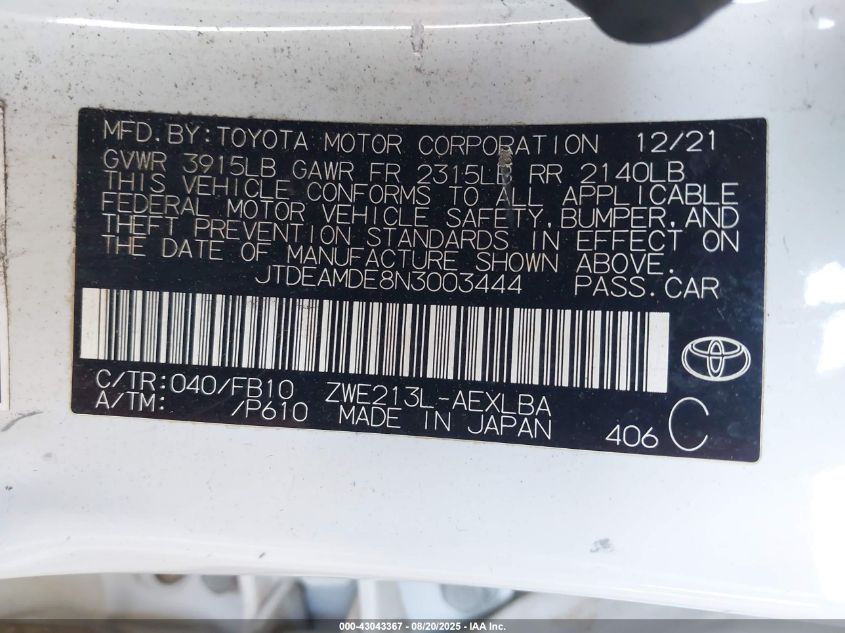 2022 Toyota Corolla Hybrid Le VIN: JTDEAMDE8N3003444 Lot: 43043367