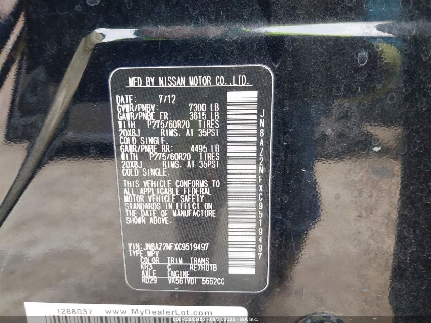 2012 Infiniti Qx56 VIN: JN8AZ2NFXC9519497 Lot: 43043402