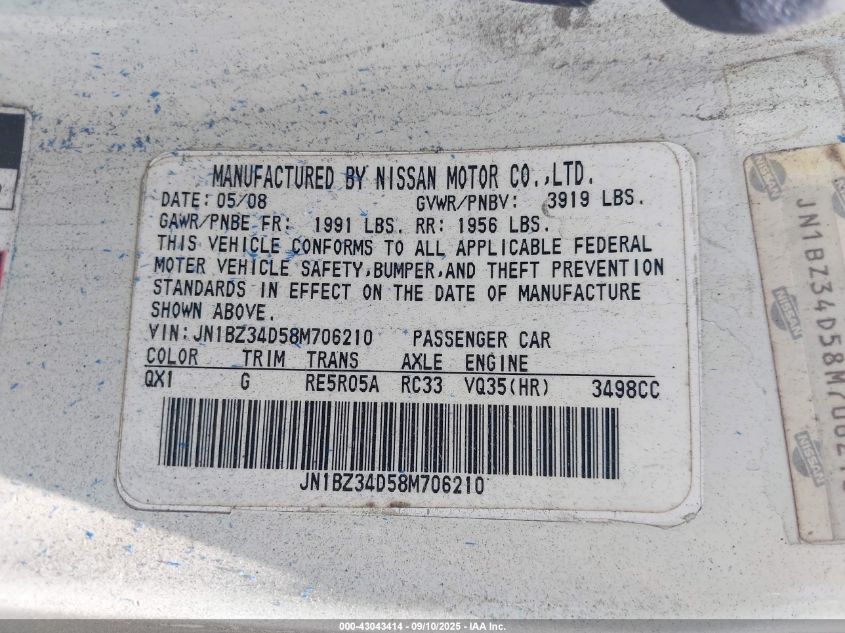 2008 Nissan 350Z Enthusiast VIN: JN1BZ34D58M706210 Lot: 43043414