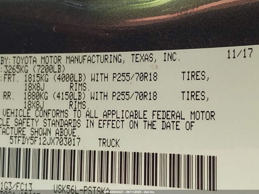 2018 Toyota Tundra Sr5 5.7L V8 VIN: 5TFDY5F12JX703017 Lot: 43043421