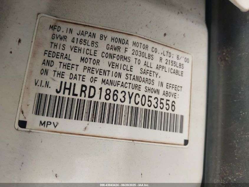 2000 Honda Cr-V Ex VIN: JHLRD1863YC053556 Lot: 43043424