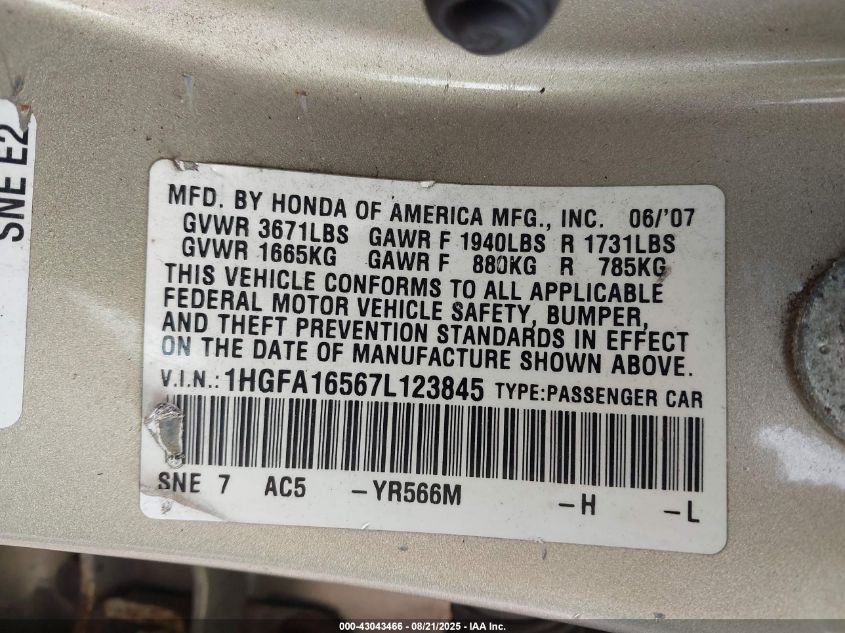 2007 Honda Civic Lx VIN: 1HGFA16567L123845 Lot: 43043466