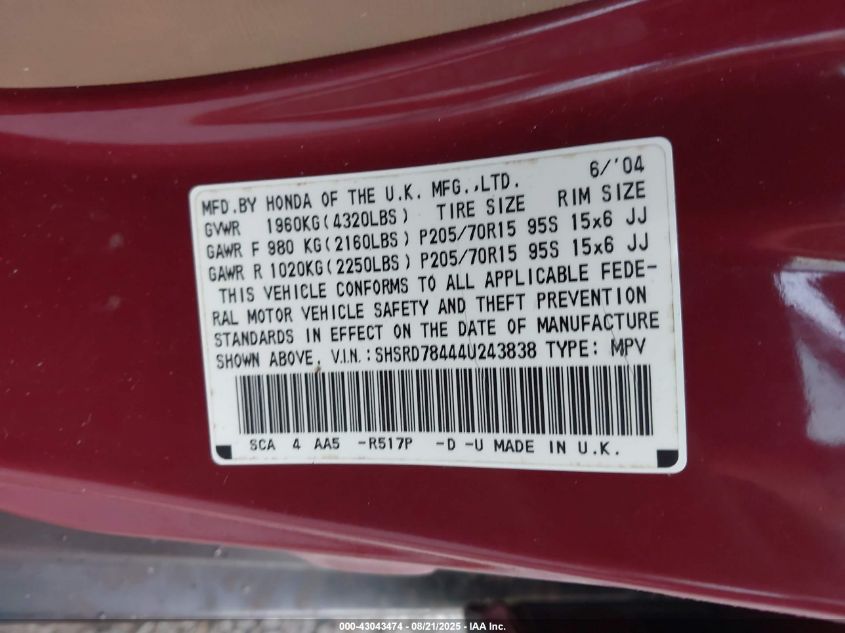 2004 Honda Cr-V Lx VIN: SHSRD78444U243838 Lot: 43043474