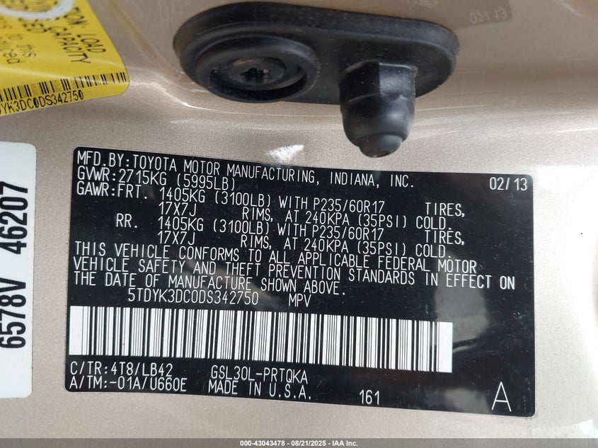 2013 TOYOTA SIENNA XLE V6 8 PASSENGER - 5TDYK3DC0DS342750