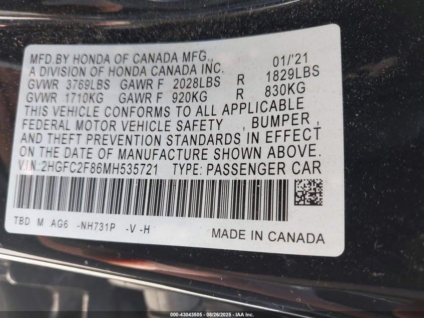 2021 HONDA CIVIC SPORT - 2HGFC2F86MH535721