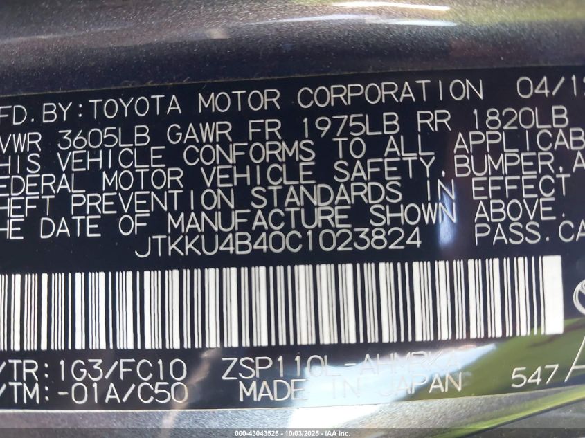 2012 Scion Xd VIN: JTKKU4B40C1023824 Lot: 43043526