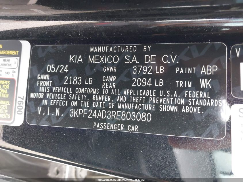 2024 Kia Forte Lx VIN: 3KPF24AD3RE803080 Lot: 43043575