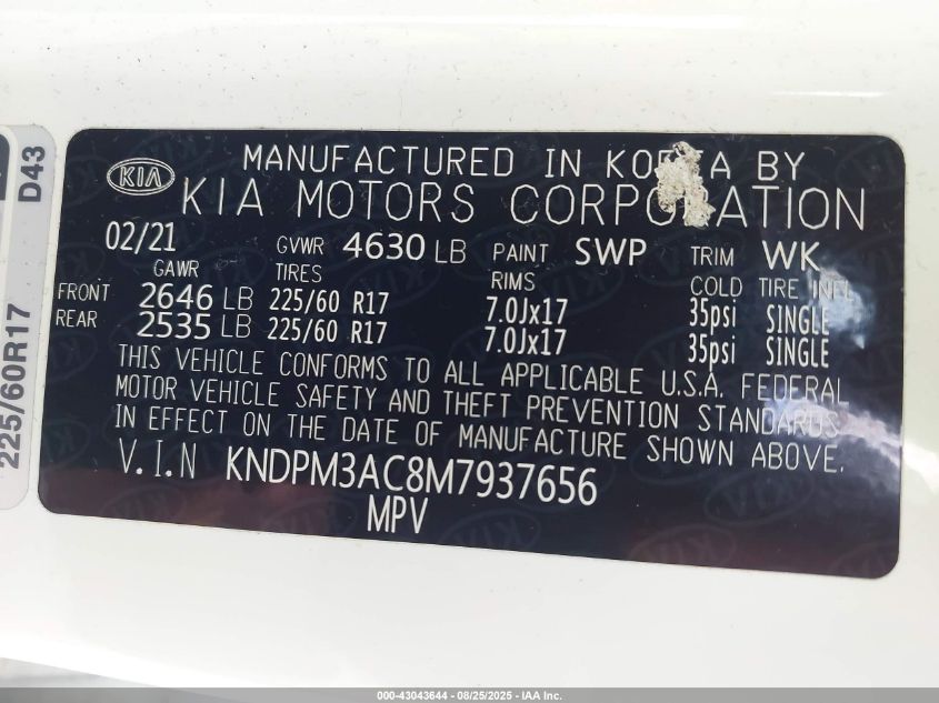2021 Kia Sportage Lx VIN: KNDPM3AC8M7937656 Lot: 43043644