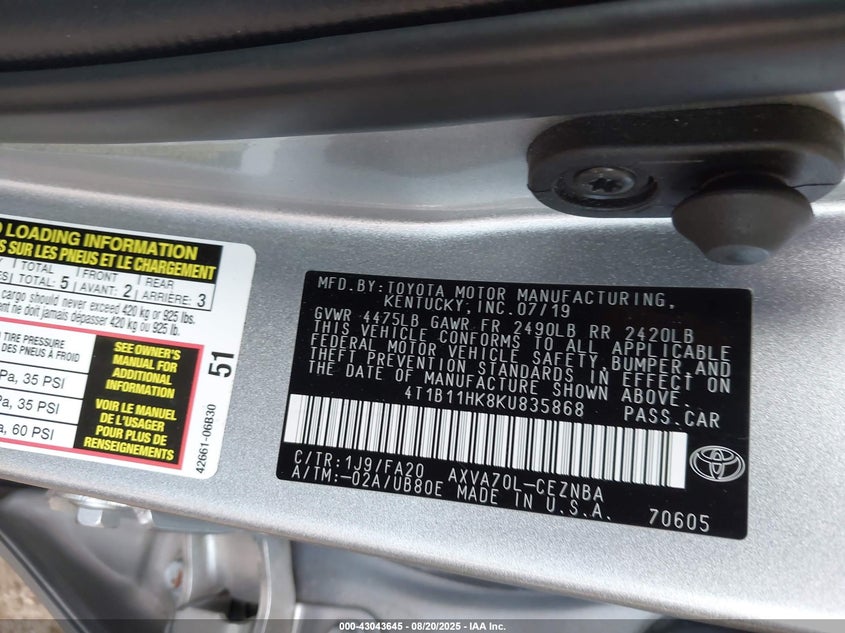 2019 Toyota Camry Le VIN: 4T1B11HK8KU835868 Lot: 43043645