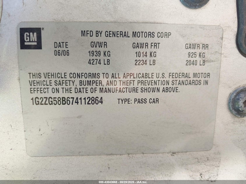 2007 Pontiac G6 VIN: 1G2ZG58B674112864 Lot: 43043668